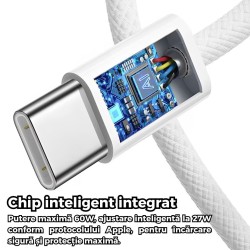 Cablu încărcare și date SmartGSM USB-C 60W, Woven, 1m, Alb