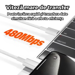 Cablu încărcare și date SmartGSM USB-C 60W, Woven, 1m, Alb