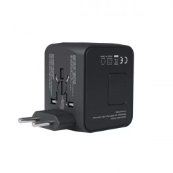 Adaptor de calatorie PRIO, Worldwide Travel Adapter Fast Charge 20W PD + QC 3.0, Negru