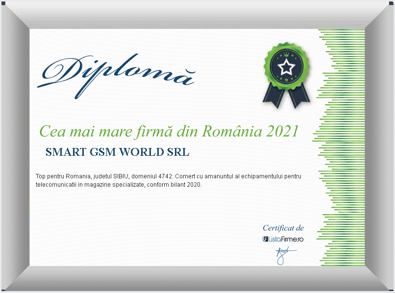 SMART GSM WORLD SRL - Diploma cea mai mare firma din romania 2021