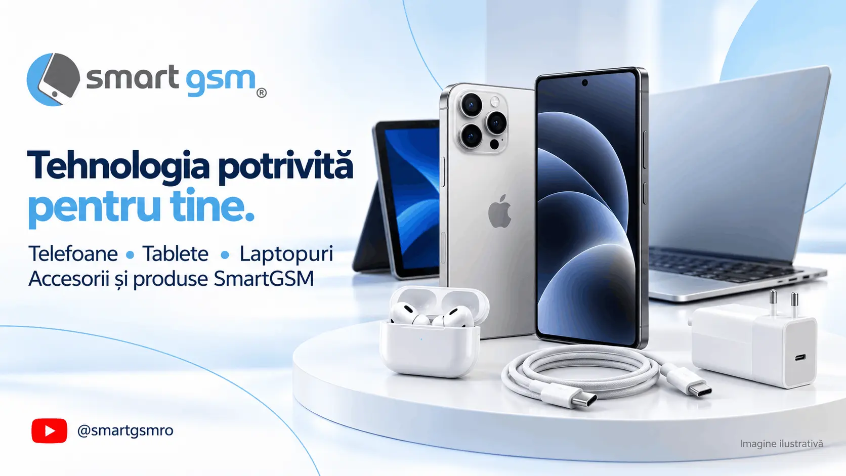 Telefoane, tabletă, laptop, căști wireless, cablu USB-C și încărcător în prezentarea SmartGSM.
