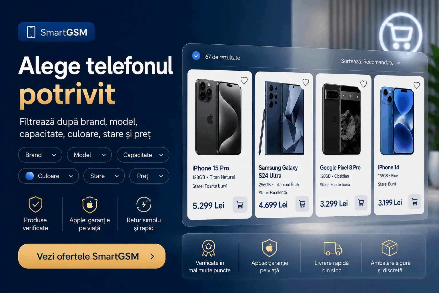 Alege telefonul potrivit pe SmartGSM după brand, model, capacitate, culoare, stare și preț