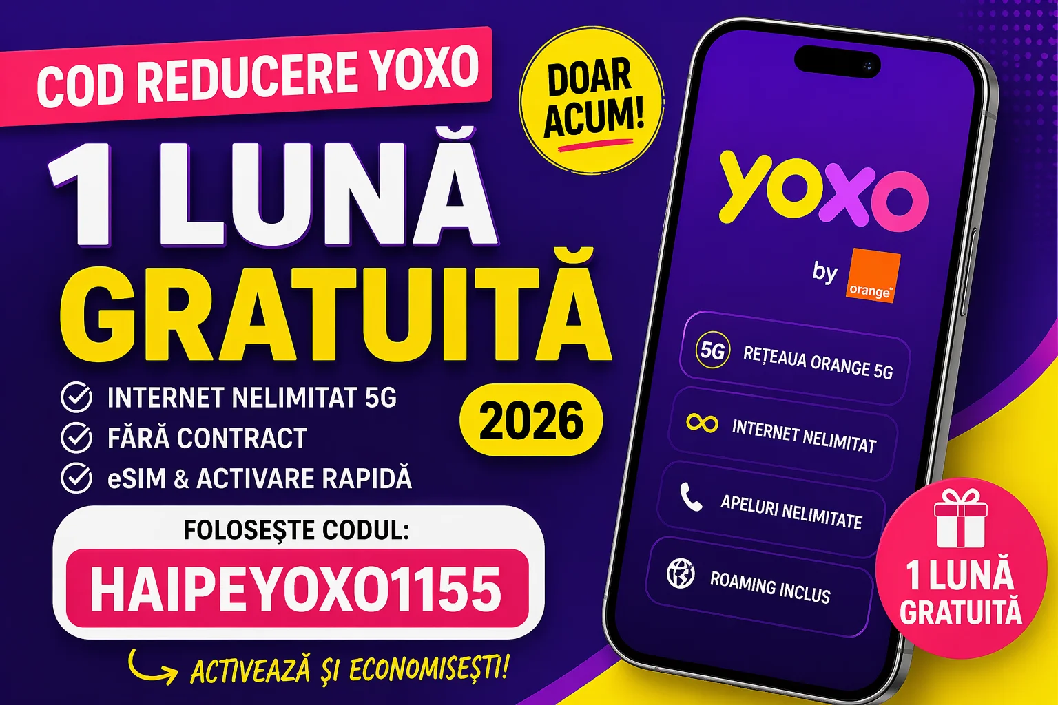 Cod reducere YOXO o luna gratis internet 5G nelimitat, apeluri si roaming