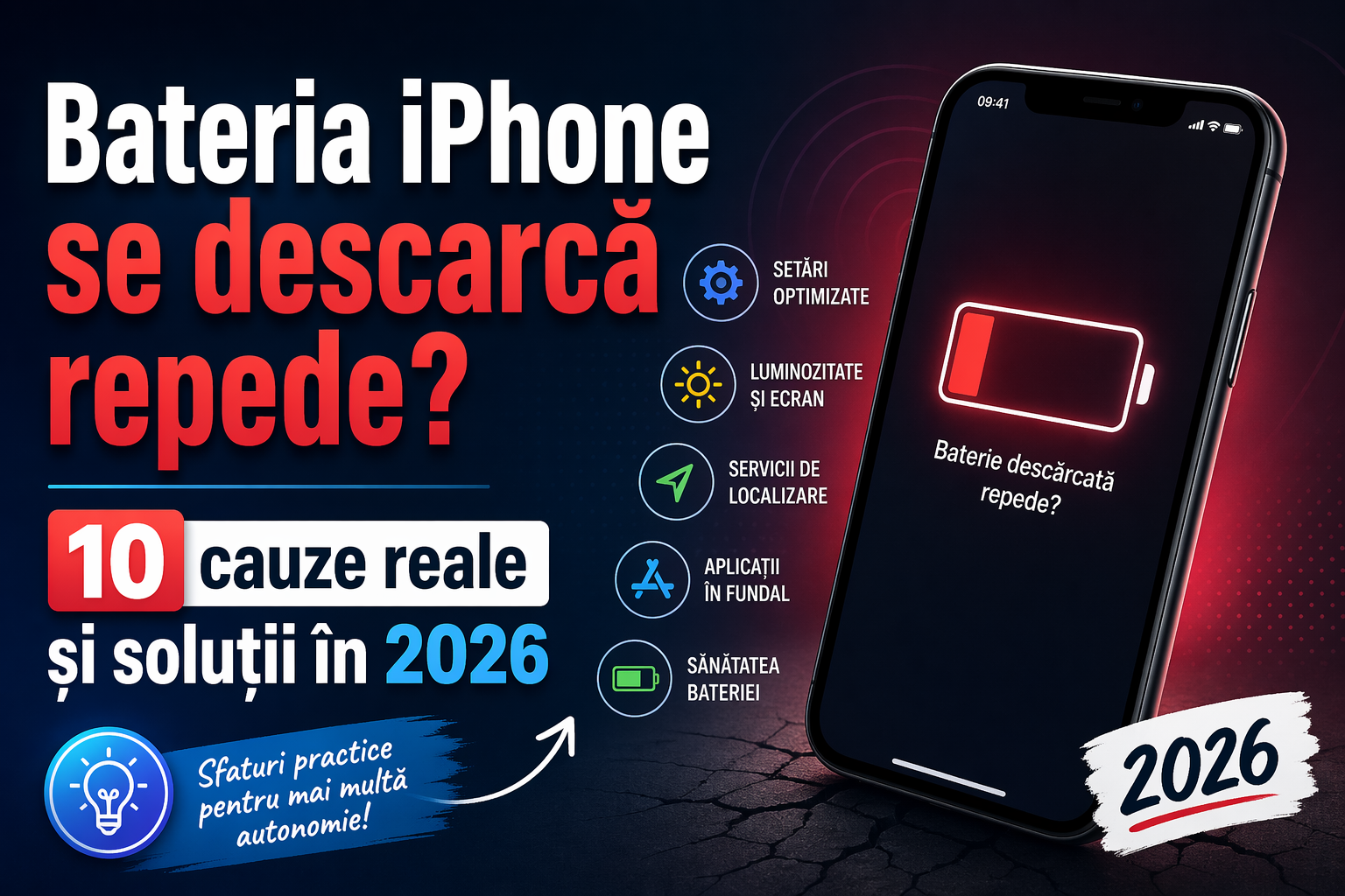 Bateria iPhone se descarcă repede? 10 cauze reale și soluții în 2026