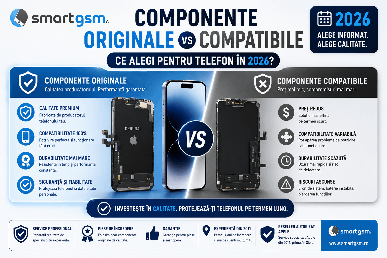 Componente originale vs compatibile – ce alegi pentru telefon în 2026?