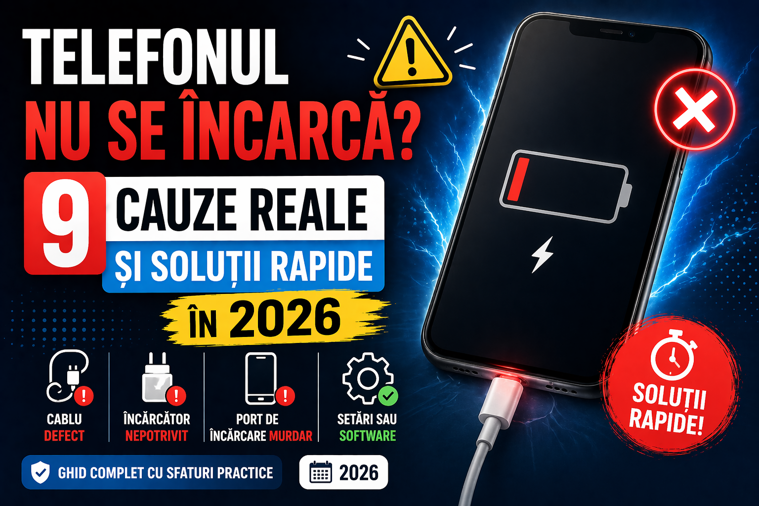 Telefonul nu se încarcă? 9 cauze reale și soluții rapide în 2026