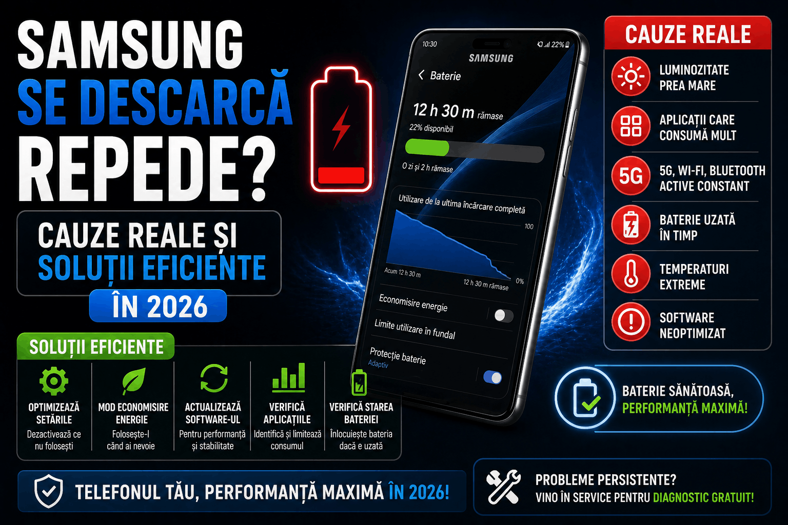 Samsung se descarcă repede? Cauze reale și soluții eficiente în 2026