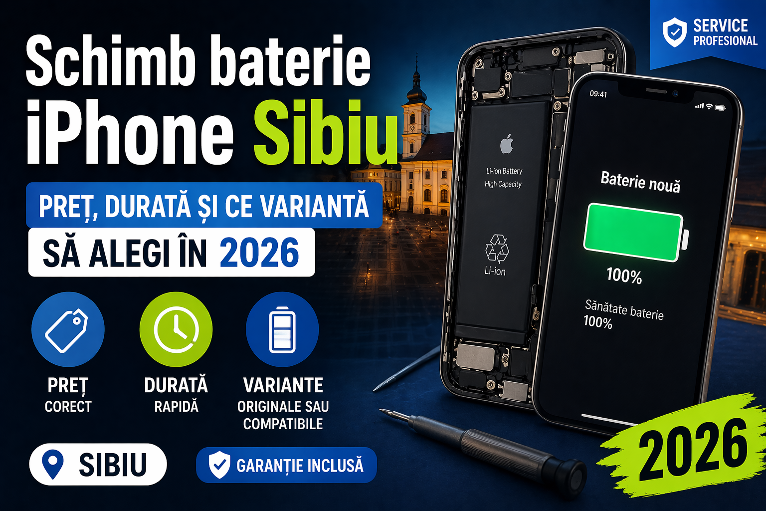 Schimb baterie iPhone Sibiu – preț, durată și ce variantă să alegi în 2026