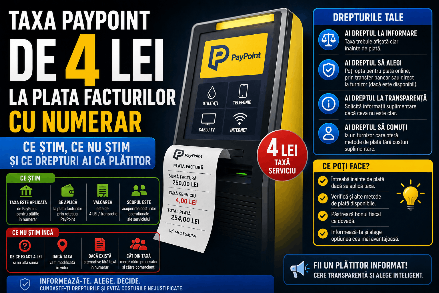 Taxa PayPoint de 4 lei la plata facturilor: cine o încasează, de ce apare și cum o poți evita