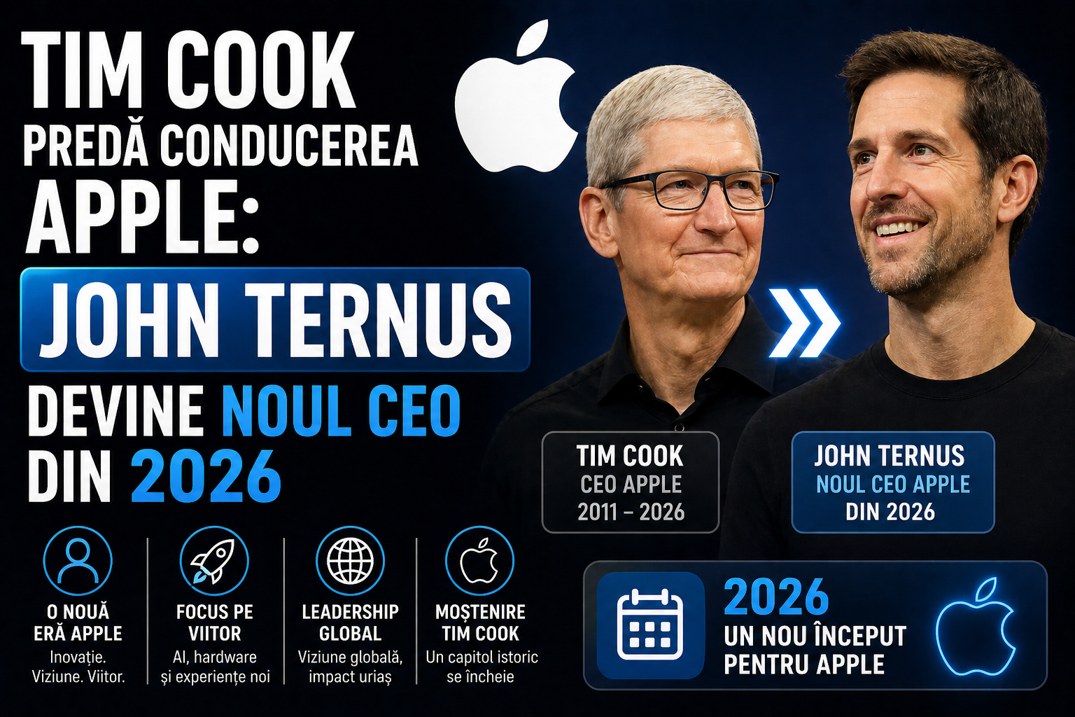 Tim Cook predă conducerea Apple: John Ternus devine noul CEO din 2026