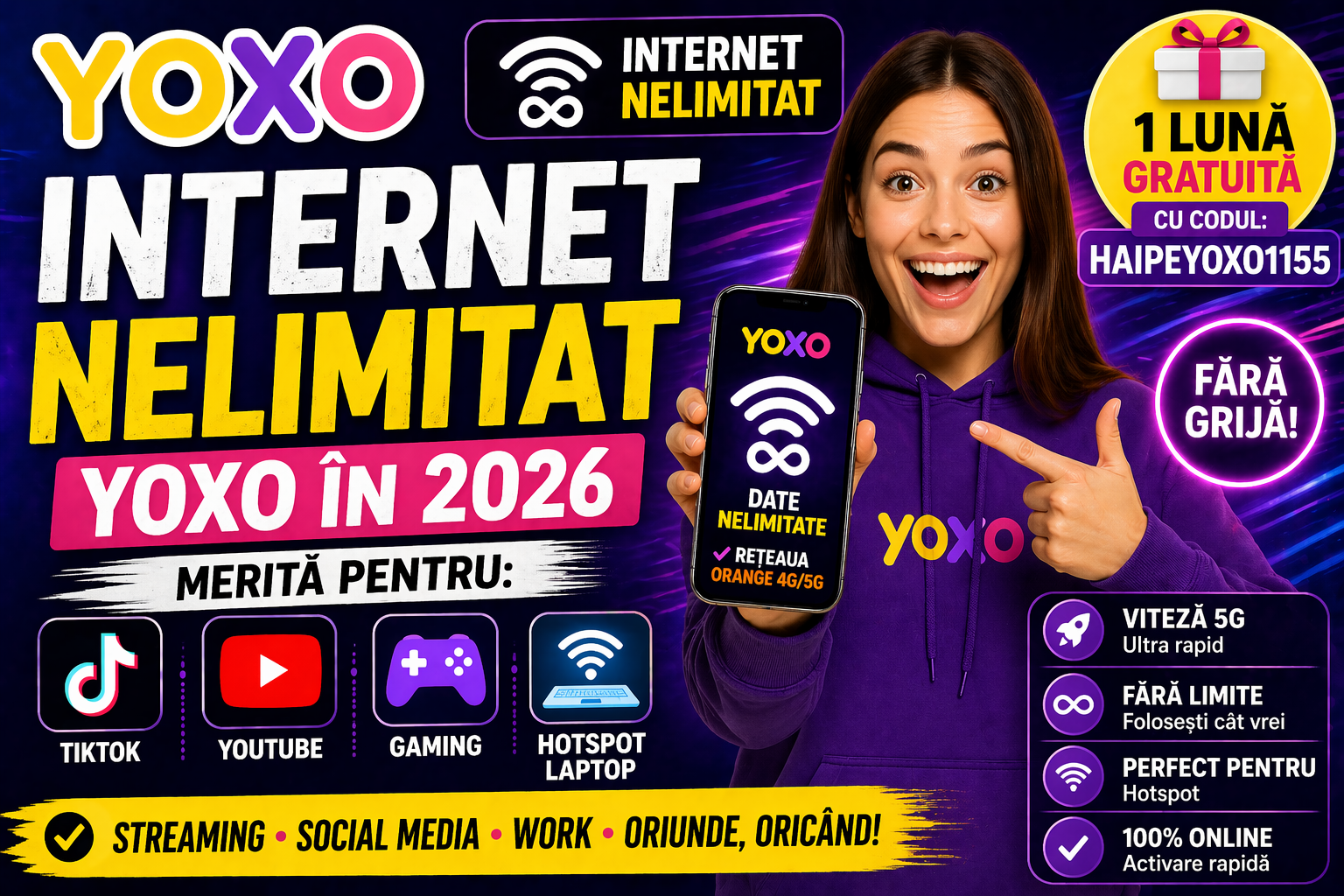 Internet Nelimitat YOXO în 2026: Merită pentru TikTok, YouTube, Gaming și Hotspot?