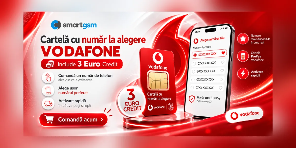 Cartela cu numar la alegere VODAFONE si 3 Euro Credit doar la SmartGSM Service Sibiu